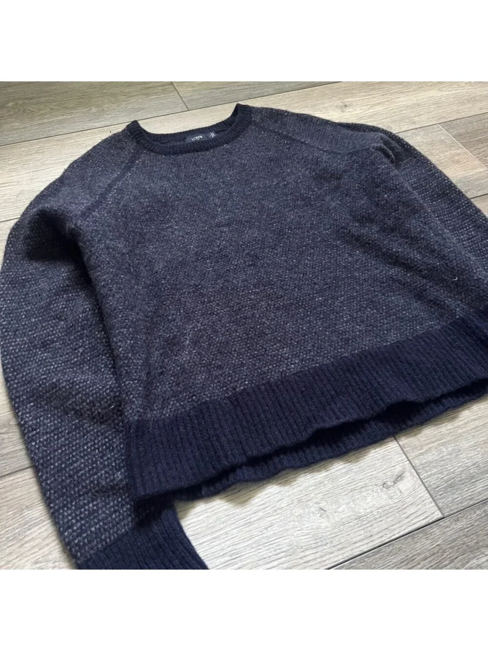 J.Crew Women's L Pullover Crewneck Wool Sweater Navy Waffle Knit 100% Lambswool